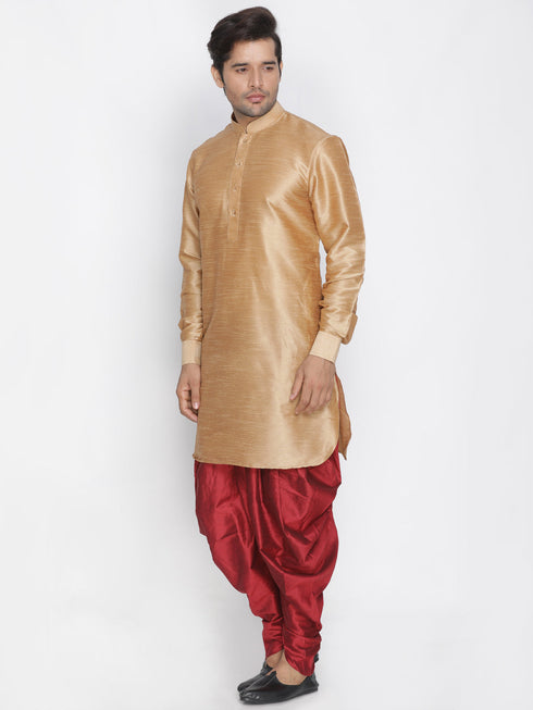 Vastramay Vastramay Men's Rose Gold Silk Blend Curved Kurta Dhoti Set